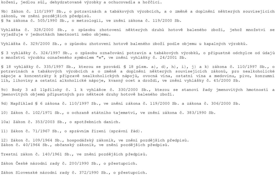 Vyhláška č. 328/2000 Sb., o způsobu zhotovení některých druhů hotově baleného zboží, jehož množství se vyjadřuje v jednotkách hmotnosti nebo objemu. Vyhláška č. 329/2000 Sb.