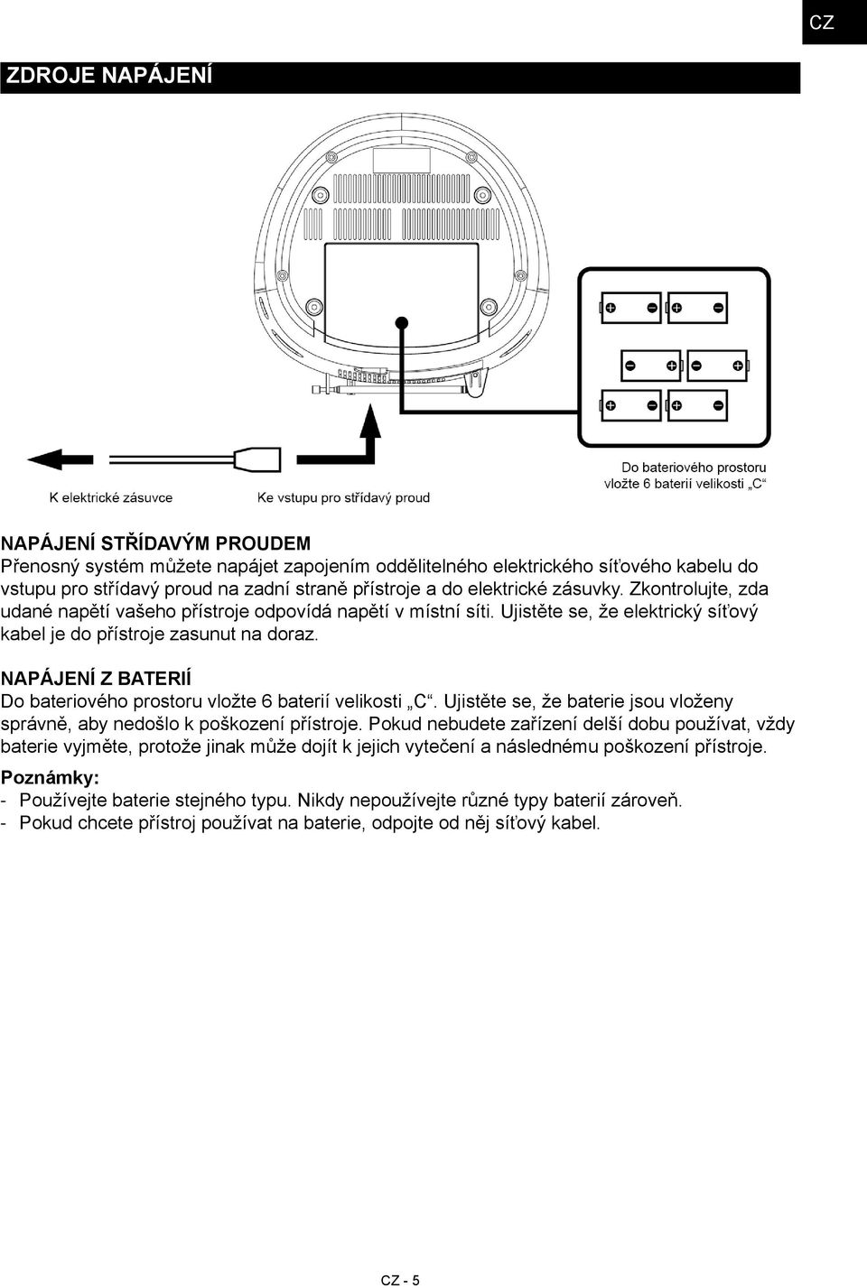 NAPÁJENÍ Z BATERIÍ Do bateriového prostoru vložte 6 baterií velikosti C. Ujistěte se, že baterie jsou vloženy správně, aby nedošlo k poškození přístroje.