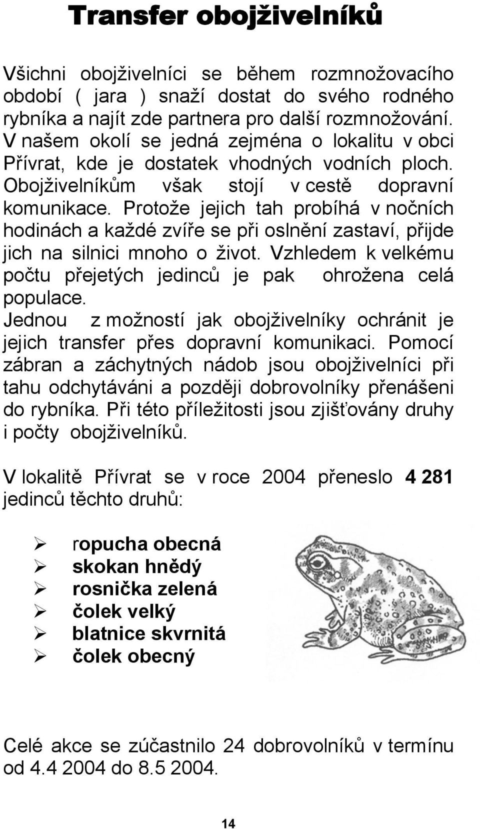 Protože jejich tah probíhá v nočních hodinách a každé zvíře se při oslnění zastaví, přijde jich na silnici mnoho o život. Vzhledem k velkému počtu přejetých jedinců je pak ohrožena celá populace.