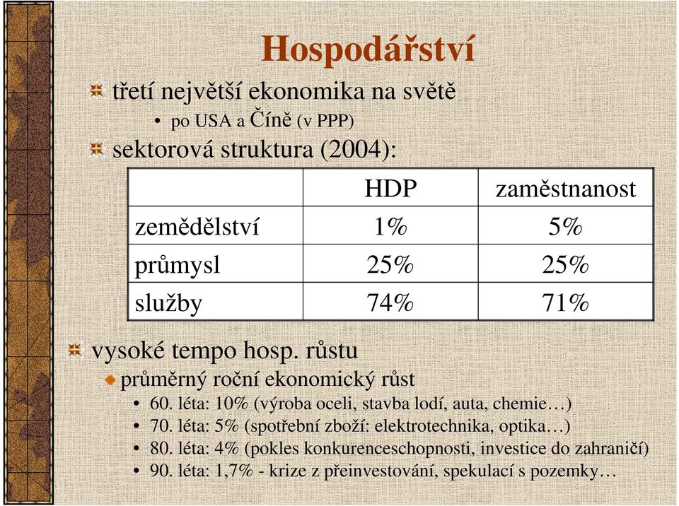 léta: 10% (výroba oceli, stavba lodí, auta, chemie ) 70. léta: 5% (spotřební zboží: elektrotechnika, optika ) 80.