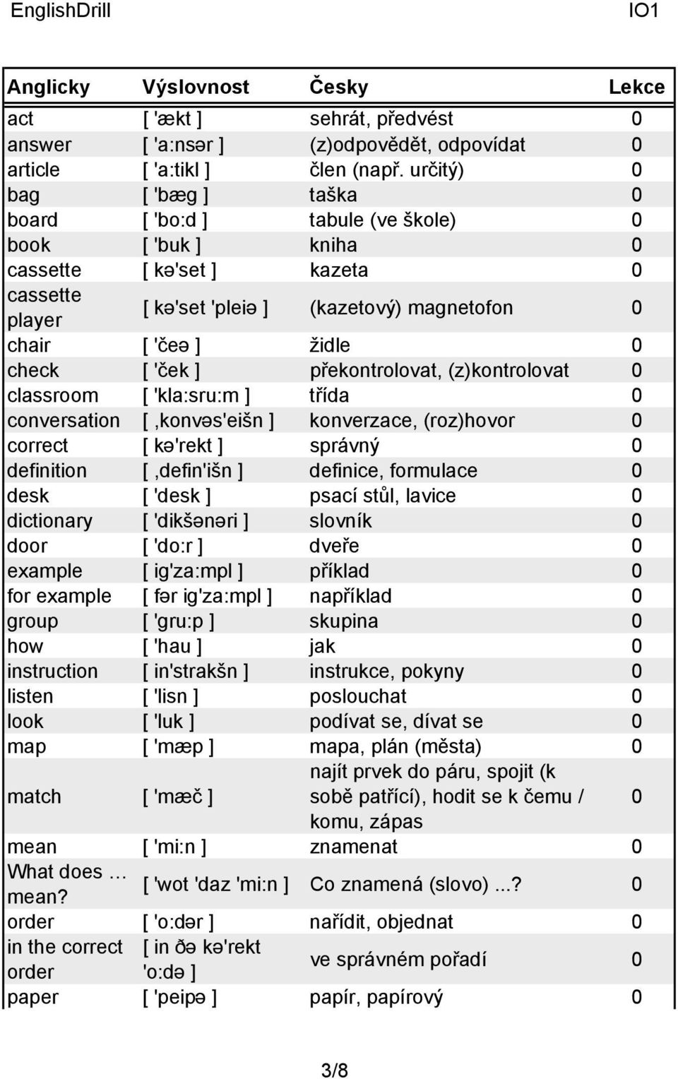 check [ 'ček ] překontrolovat, (z)kontrolovat 0 classroom [ 'kla:sru:m ] třída 0 conversation [,konvəs'eišn ] konverzace, (roz)hovor 0 correct [ kə'rekt ] správný 0 definition [,defin'išn ] definice,