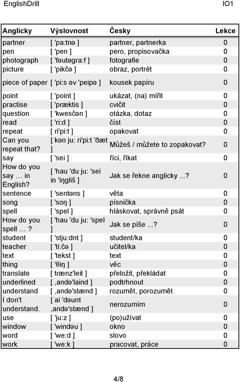 můžete to zopakovat? repeat that? ] 0 say [ 'sei ] říci, říkat 0 How do you say in English? [ 'hau 'du ju: 'sei in 'iŋgliš ] Jak se řekne anglicky.