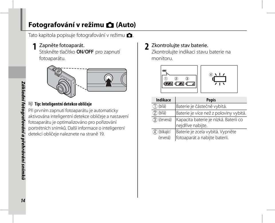 Základní fotografování a přehrávání snímků B Tip: Inteligentní detekce obličeje Při prvním zapnutí fotoaparátu je automaticky aktivována inteligentní detekce obličeje a nastavení fotoaparátu je