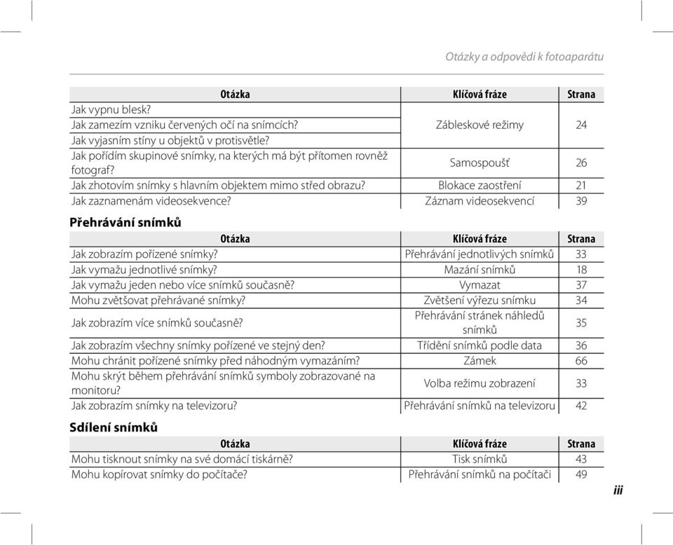 Blokace zaostření 21 Jak zaznamenám videosekvence? Záznam videosekvencí 39 Přehrávání snímků Otázka Klíčová fráze Strana Jak zobrazím pořízené snímky?