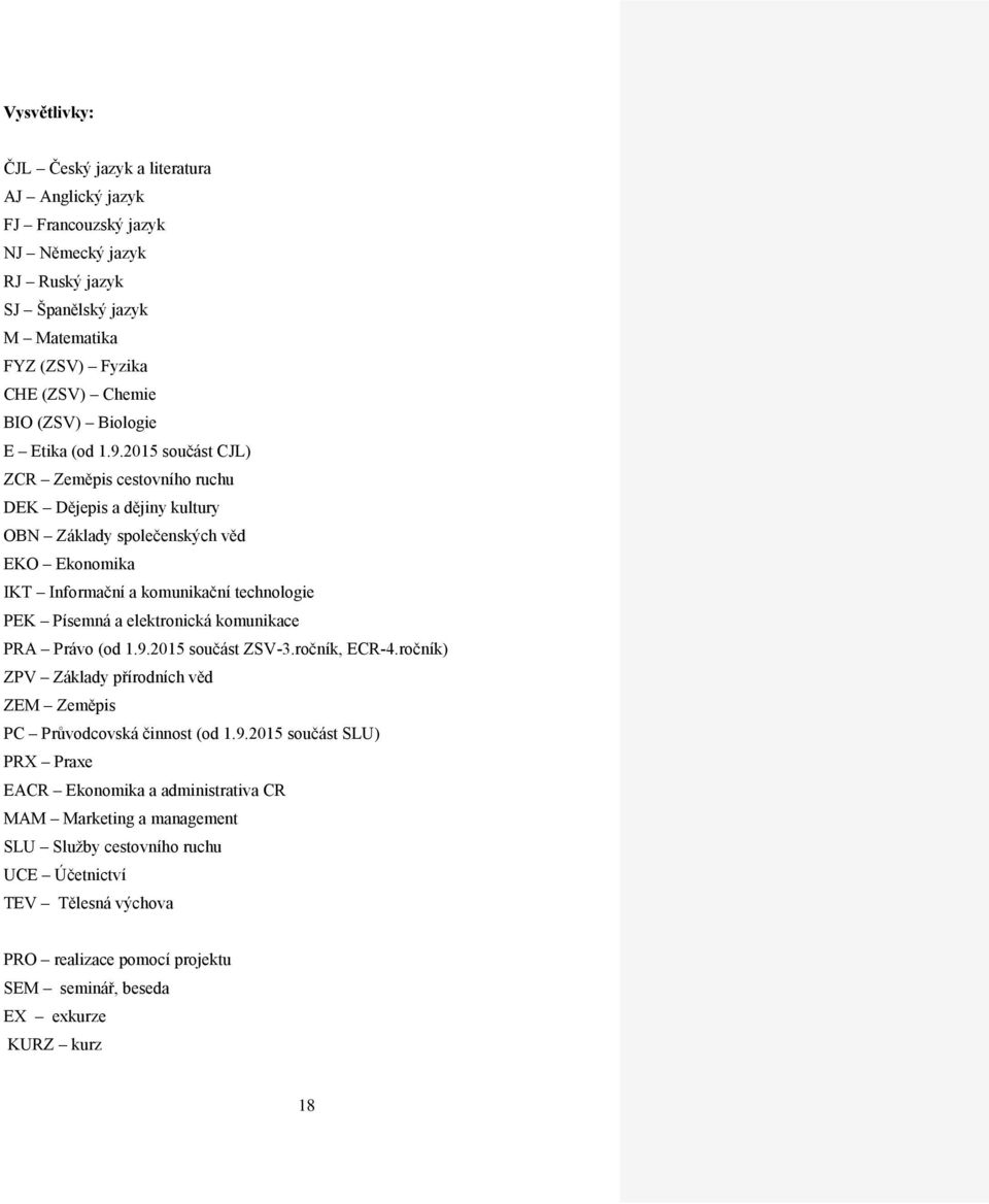 2015 součást CJL) ZCR Zeměpis cestovního ruchu DEK Dějepis a dějiny kultury OBN Základy společenských věd EKO Ekonomika IKT Informační a komunikační technologie PEK Písemná a elektronická