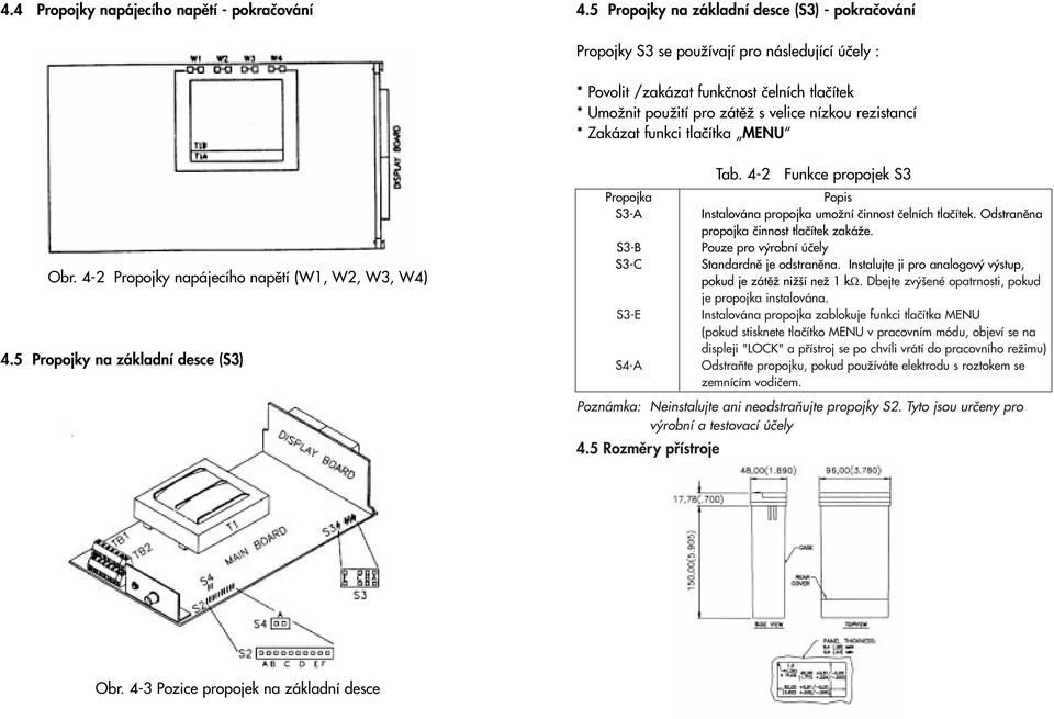 Zakázat funkci tlaãítka MENU Obr. 4-2 Propojky napájecího napûtí (W1, W2, W3, W4) 4.5 Propojky na základní desce (S3) Propojka S3-A S3-B S3-C S3-E S4-A Tab.