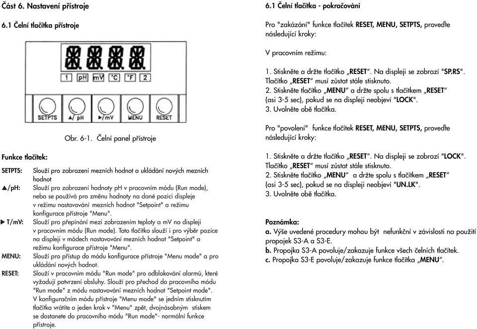 Stisknûte tlaãítko MENU a drïte spolu s tlaãítkem RESET (asi 3-5 sec), pokud se na displeji neobjeví "LOCK". 3. Uvolnûte obû tlaãítka. Funkce tlaãítek: SETPTS: /ph: T/mV: MENU: RESET: Obr. 6-1.