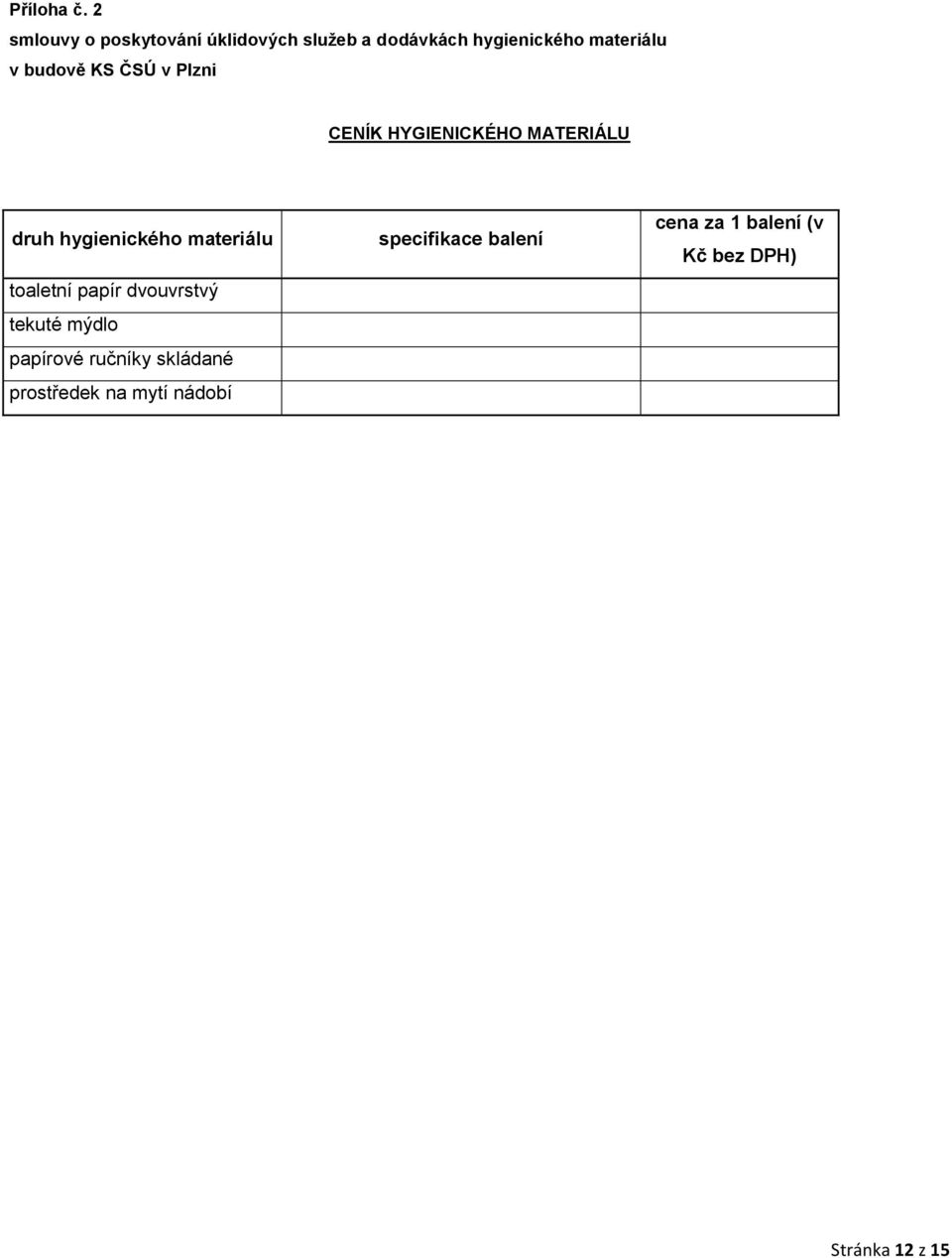 budově KS ČSÚ v Plzni CENÍK HYGIENICKÉHO MATERIÁLU druh hygienického materiálu