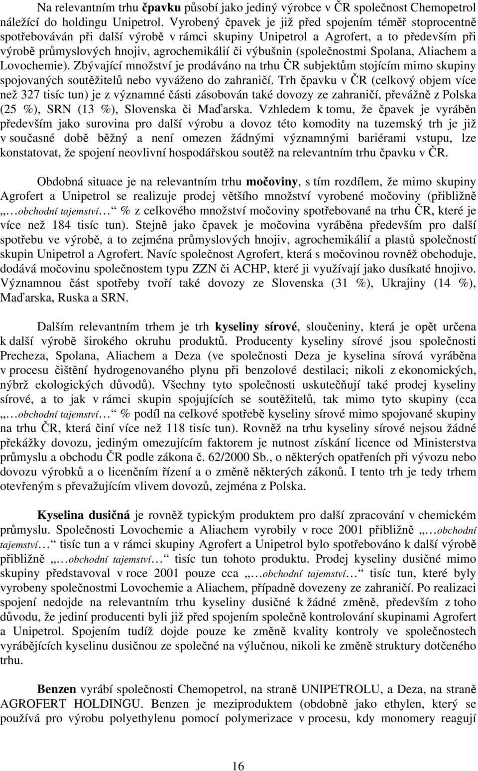 (společnostmi Spolana, Aliachem a Lovochemie). Zbývající množství je prodáváno na trhu ČR subjektům stojícím mimo skupiny spojovaných soutěžitelů nebo vyváženo do zahraničí.