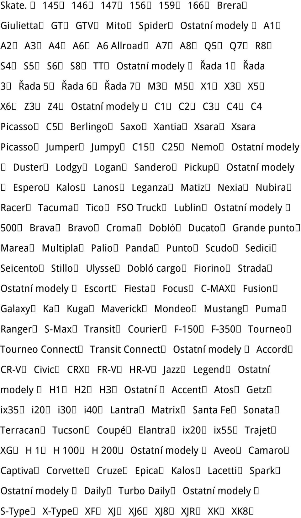 Z3 Z4 Ostatní modely C1 C2 C3 C4 C4 Picasso C5 Berlingo Saxo Xantia Xsara Xsara Picasso Jumper Jumpy C15 C25 Nemo Ostatní modely Duster Lodgy Logan Sandero Pickup Ostatní modely Espero Kalos Lanos