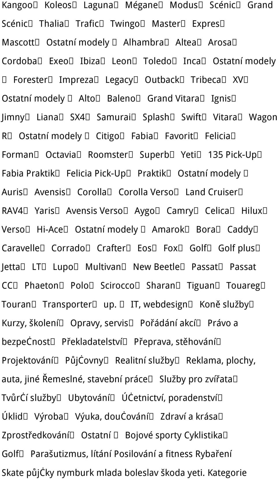 Superb Yeti 135 Pick-Up Fabia Praktik Felicia Pick-Up Praktik Ostatní modely Auris Avensis Corolla Corolla Verso Land Cruiser RAV4 Yaris Avensis Verso Aygo Camry Celica Hilux Verso Hi-Ace Ostatní