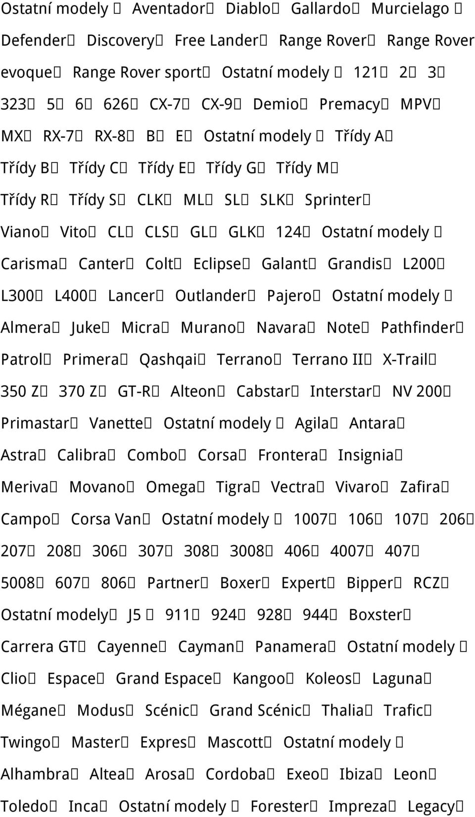 Grandis L200 L300 L400 Lancer Outlander Pajero Ostatní modely Almera Juke Micra Murano Navara Note Pathfinder Patrol Primera Qashqai Terrano Terrano II X-Trail 350 Z 370 Z GT-R Alteon Cabstar