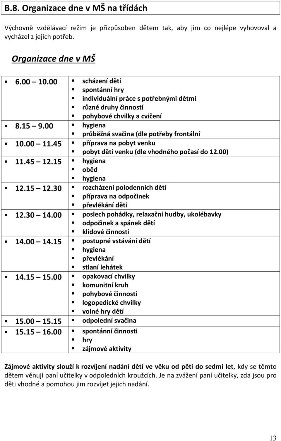 45 příprava na pobyt venku pobyt dětí venku (dle vhodného počasí do 12.00) 11.45 12.15 hygiena oběd hygiena 12.15 12.30 rozcházení polodenních dětí příprava na odpočinek převlékání dětí 12.30 14.