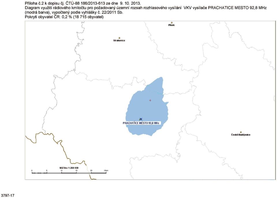 rozhlasového vysílání VKV vysílače PRACHATICE MĚSTO 92,8 MHz (modrá