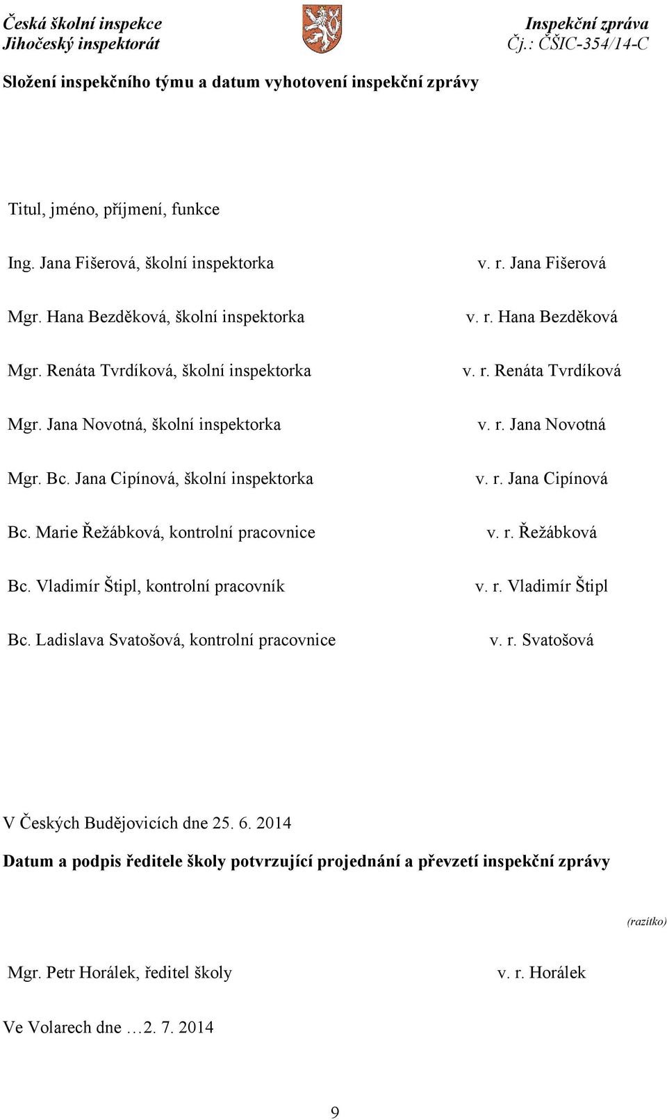 Marie Řežábková, kontrolní pracovnice v. r. Řežábková Bc. Vladimír Štipl, kontrolní pracovník v. r. Vladimír Štipl Bc. Ladislava Svatošová, kontrolní pracovnice v. r. Svatošová V Českých Budějovicích dne 25.