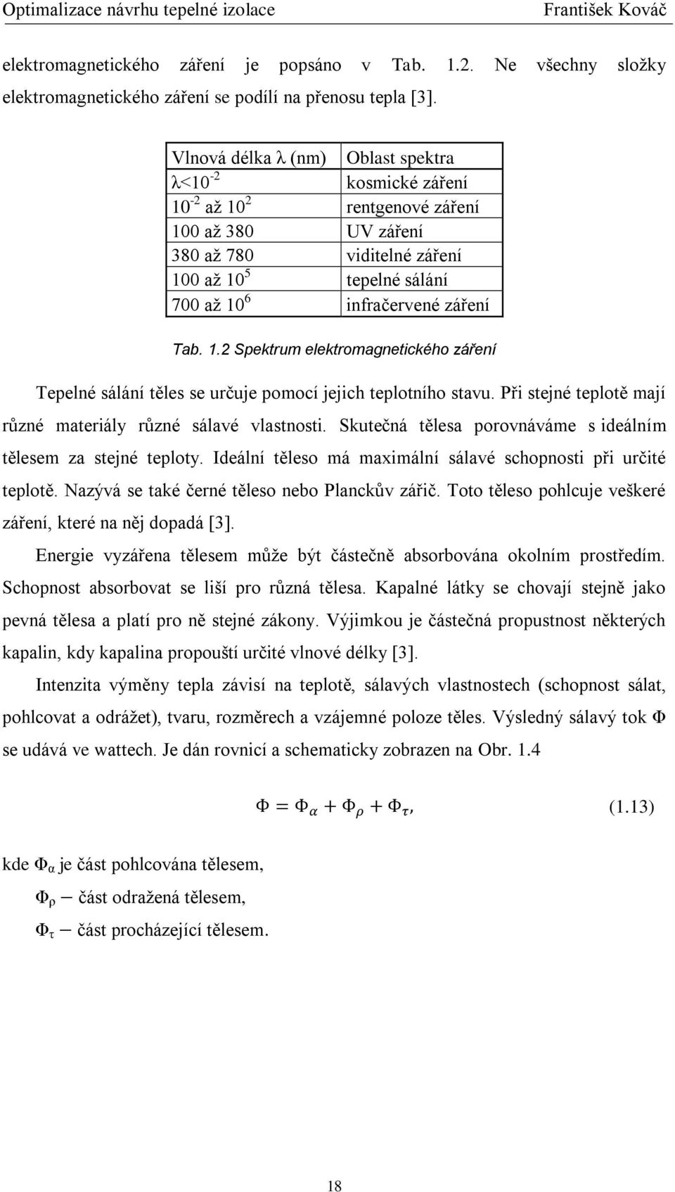 Tab. 1.2 Spektrum elektromagnetického záření Tepelné sálání těles se určuje pomocí jejich teplotního stavu. Při stejné teplotě mají různé materiály různé sálavé vlastnosti.