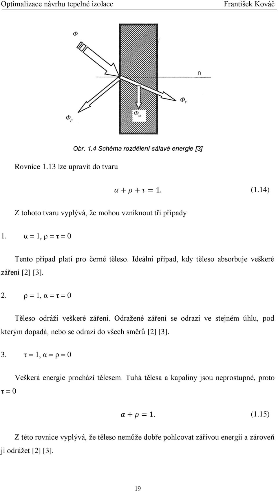 ρ = 1, α = τ = 0 Těleso odráží veškeré záření. Odražené záření se odrazí ve stejném úhlu, pod kterým dopadá, nebo se odrazí do všech směrů [2] [3]. 3.