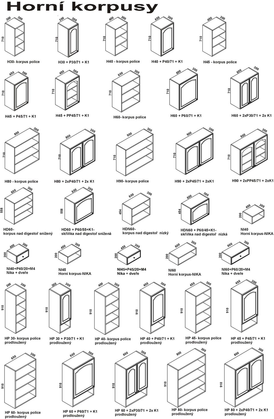 digestoř snížený HD60 + P60/55+K1- skříňka nad digestoř snížená HDN60- korpus nad digestoř nízký HDN60 + P60/45+K1- skříňka nad digestoř nízká NI40 Horní korpus-nika NI40+P40/20+M4 Nika + dveře NI45