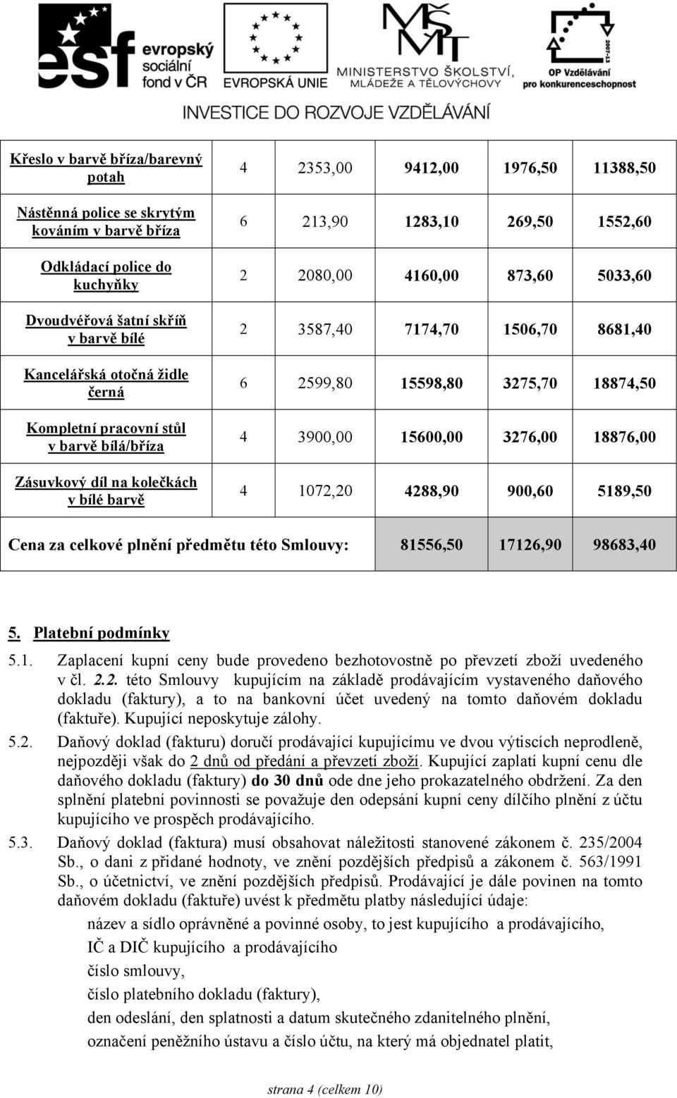 2599,80 15598,80 3275,70 18874,50 4 3900,00 15600,00 3276,00 18876,00 4 1072,20 4288,90 900,60 5189,50 Cena za celkové plnění předmětu této Smlouvy: 81556,50 17126,90 98683,40 5. Platební podmínky 5.