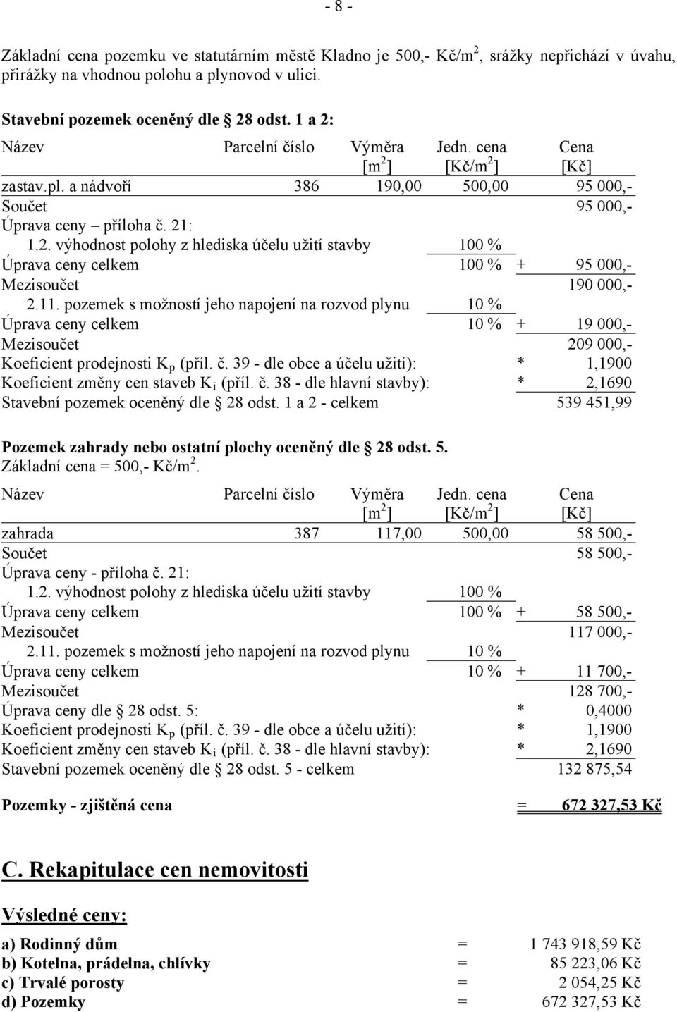 11. pozemek s možností jeho napojení na rozvod plynu 10 % Úprava ceny celkem 10 % + 19 000,- Mezisoučet 209 000,- Koeficient prodejnosti K p (příl. č.