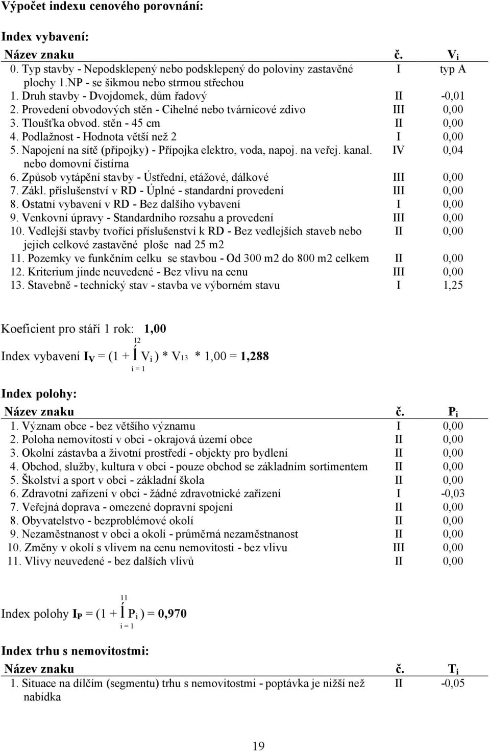 Napojení na sítě (přípojky) - Přípojka elektro, voda, napoj. na veřej. kanal. IV 0,04 nebo domovní čistírna 6. Způsob vytápění stavby - Ústřední, etážové, dálkové III 0,00 7. Zákl.