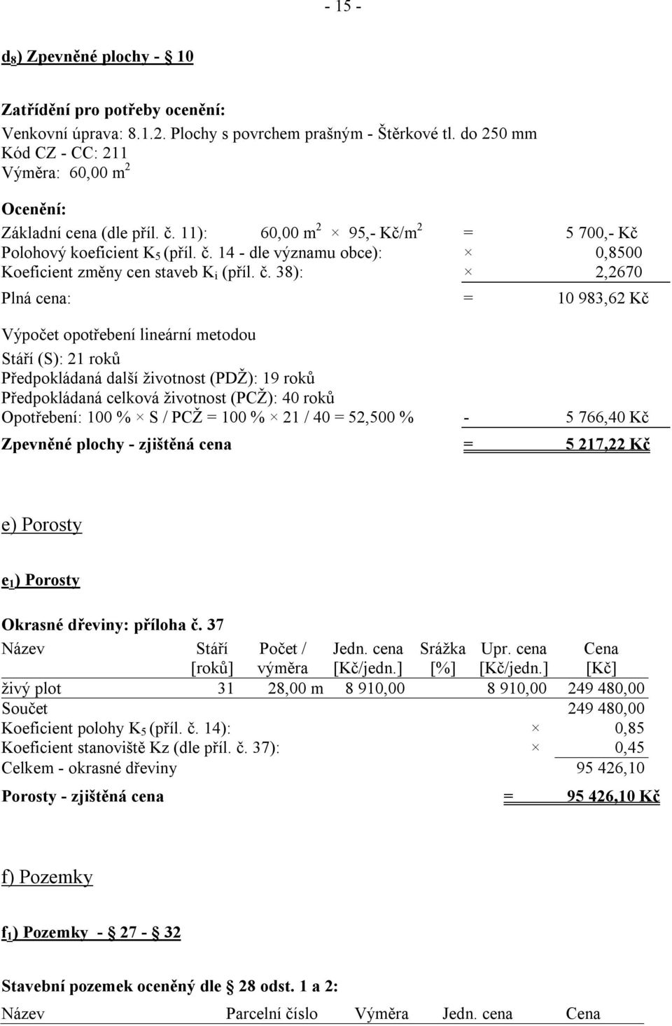 38): 2,2670 Plná cena: = 10 983,62 Kč Stáří (S): 21 roků Předpokládaná další životnost (PDŽ): 19 roků Předpokládaná celková životnost (PCŽ): 40 roků Opotřebení: 100 % S / PCŽ = 100 % 21 / 40 = 52,500