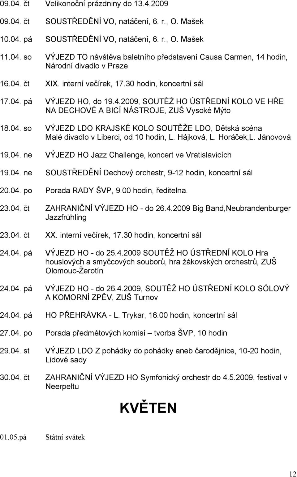 Hájková, L. Horáček,L. Jánovová 19.04. ne VÝJEZD HO Jazz Challenge, koncert ve Vratislavicích 19.04. ne SOUSTŘEDĚNÍ Dechový orchestr, 9-12 hodin, koncertní sál 20.04. po Porada RADY ŠVP, 9.