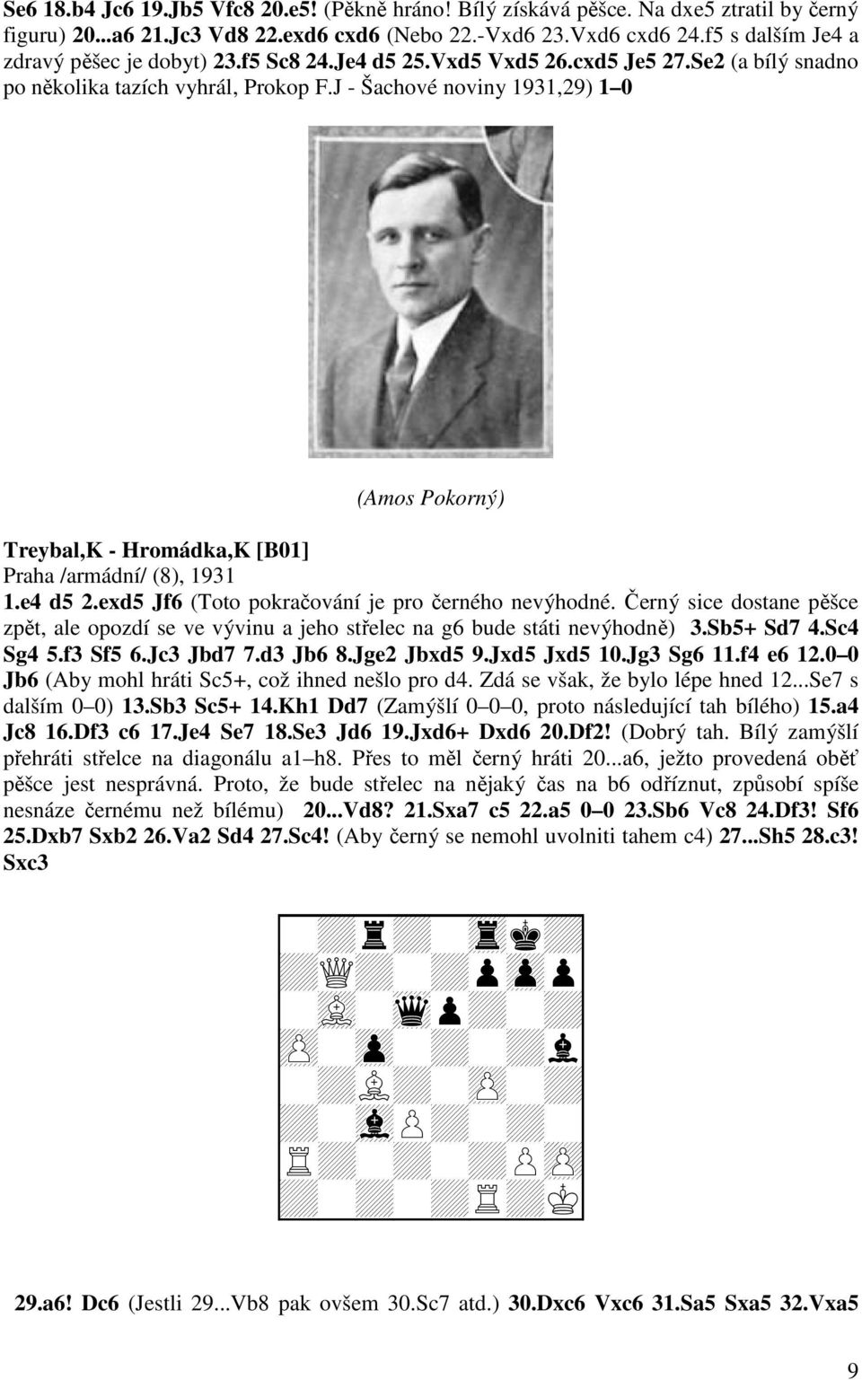 J - Šachové noviny 1931,29) 1 0 (Amos Pokorný) Treybal,K - Hromádka,K [B01] Praha /armádní/ (8), 1931 1.e4 d5 2.exd5 Jf6 (Toto pokračování je pro černého nevýhodné.