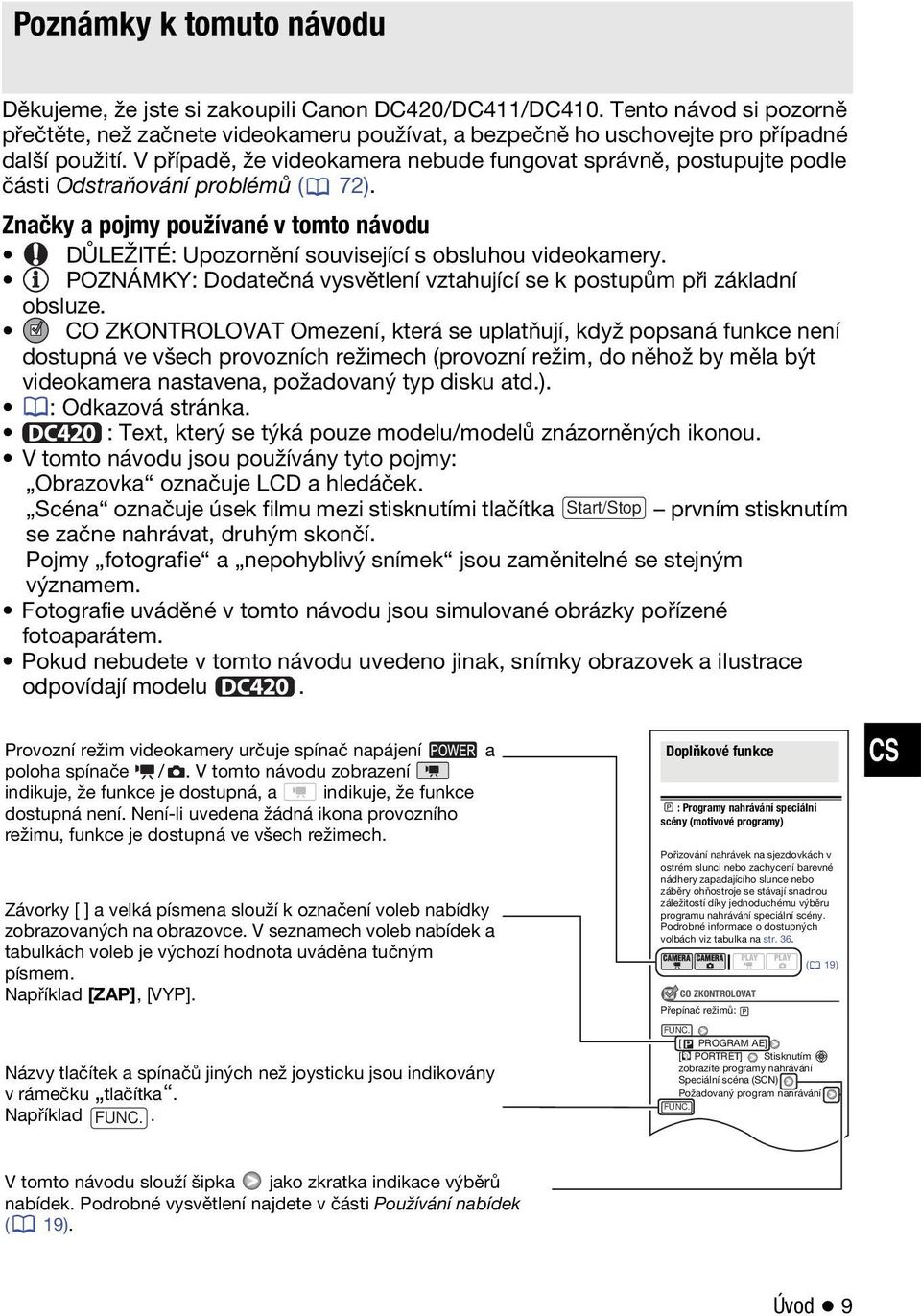 V případě, že videokamera nebude fungovat správně, postupujte podle části Odstraňování problémů ( 72). Značky a pojmy používané v tomto návodu DŮLEŽITÉ: Upozornění související s obsluhou videokamery.