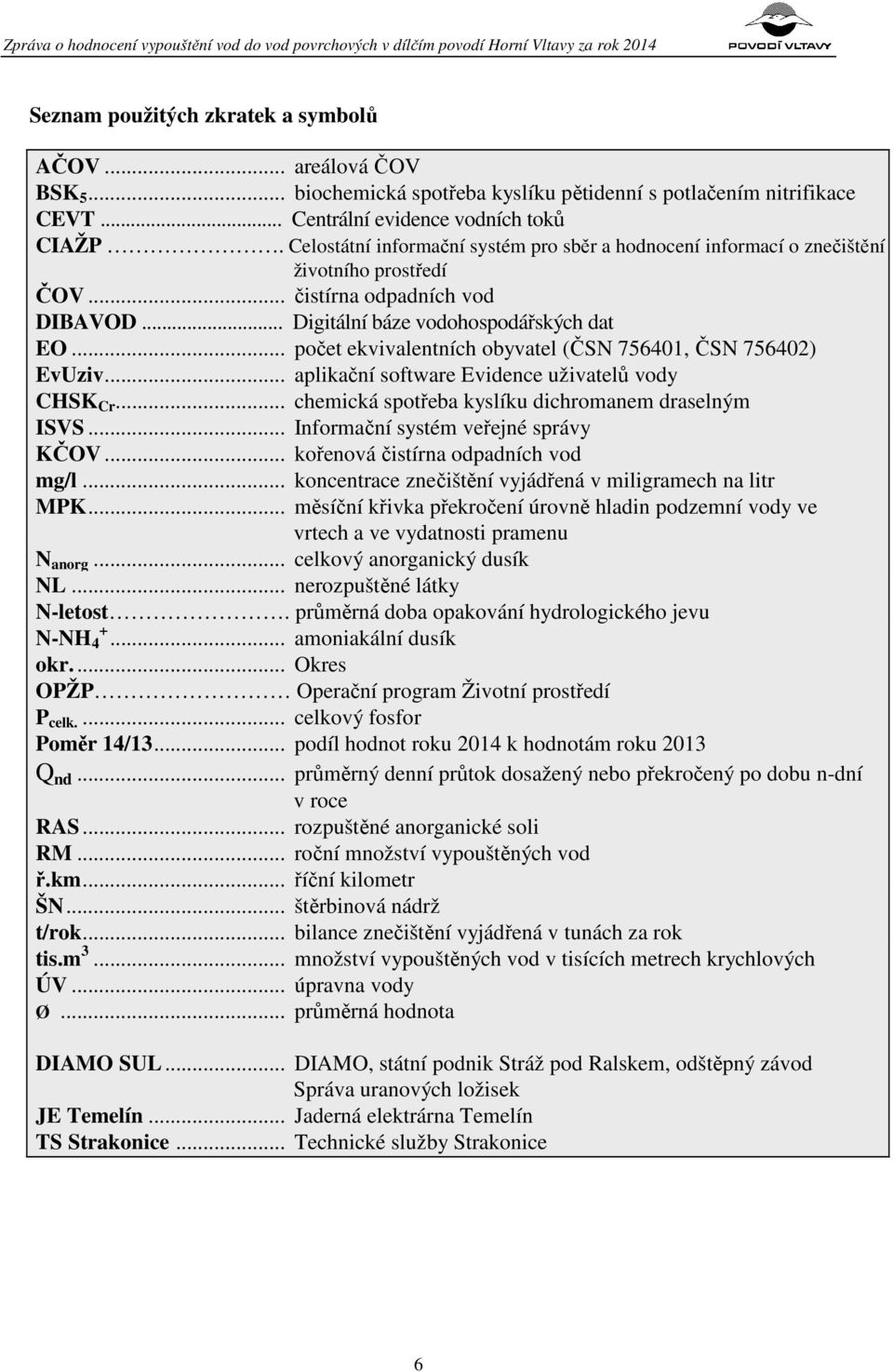 .. počet ekvivalentních obyvatel (ČSN 756401, ČSN 756402) EvUziv... aplikační software Evidence uživatelů vody CHSK Cr... chemická spotřeba kyslíku dichromanem draselným ISVS.