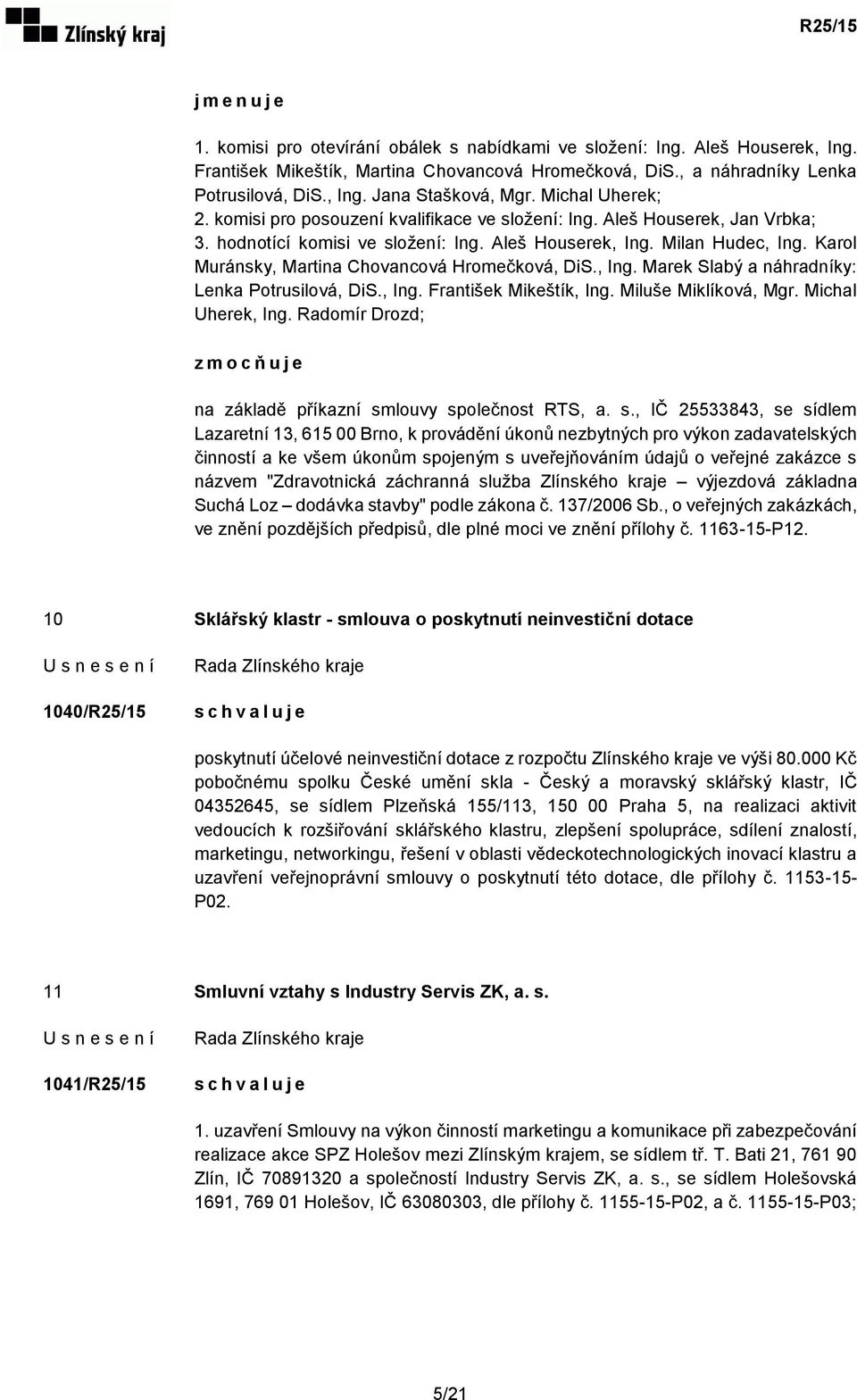 Karol Muránsky, Martina Chovancová Hromečková, DiS., Ing. Marek Slabý a náhradníky: Lenka Potrusilová, DiS., Ing. František Mikeštík, Ing. Miluše Miklíková, Mgr. Michal Uherek, Ing.