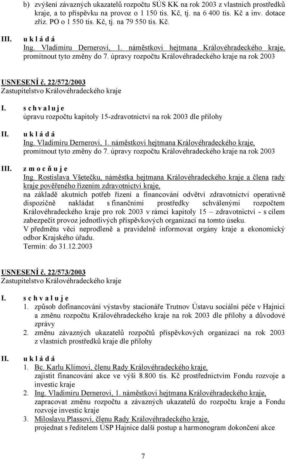 22/572/2003 úpravu rozpočtu kapitoly 15-zdravotnictví na rok 2003 dle přílohy I Ing. Vladimíru Dernerovi, 1. náměstkovi hejtmana Královéhradeckého kraje, promítnout tyto změny do 7.