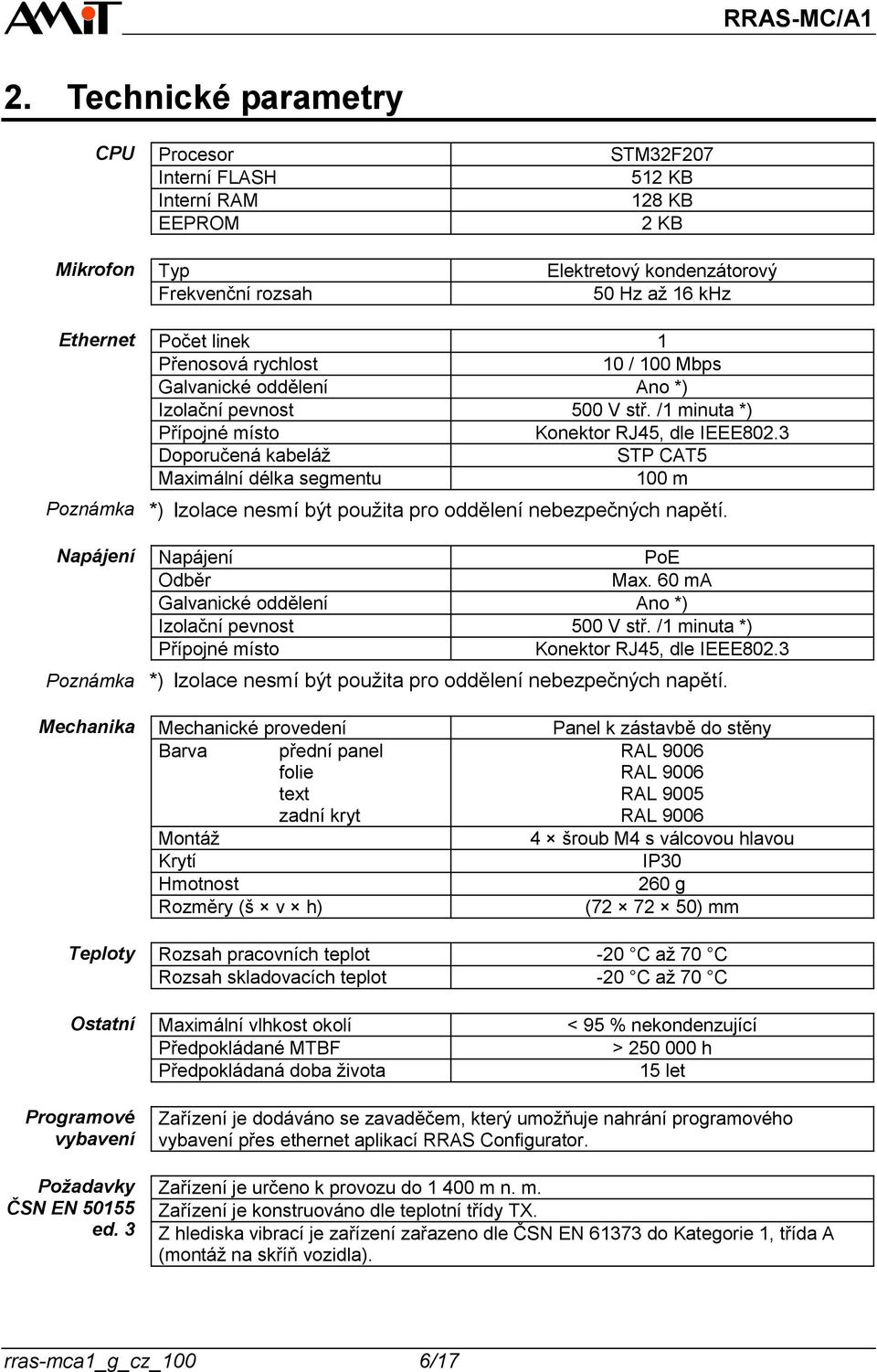 3 Doporučená kabeláž STP CAT5 Maximální délka segmentu 100 m *) Izolace nesmí být použita pro oddělení nebezpečných napětí. Napájení PoE Odběr Max.