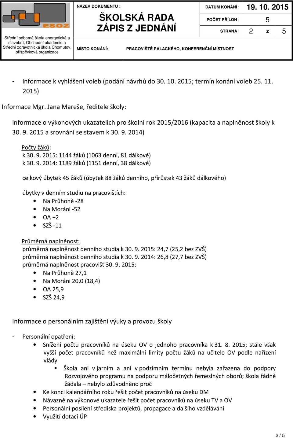 9. 2014: 1189 žáků (1151 denní, 38 dálkové) celkový úbytek 45 žáků (úbytek 88 žáků denního, přírůstek 43 žáků dálkového) úbytky v denním studiu na pracovištích: Na Průhoně -28 Na Moráni -52 OA +2 SZŠ