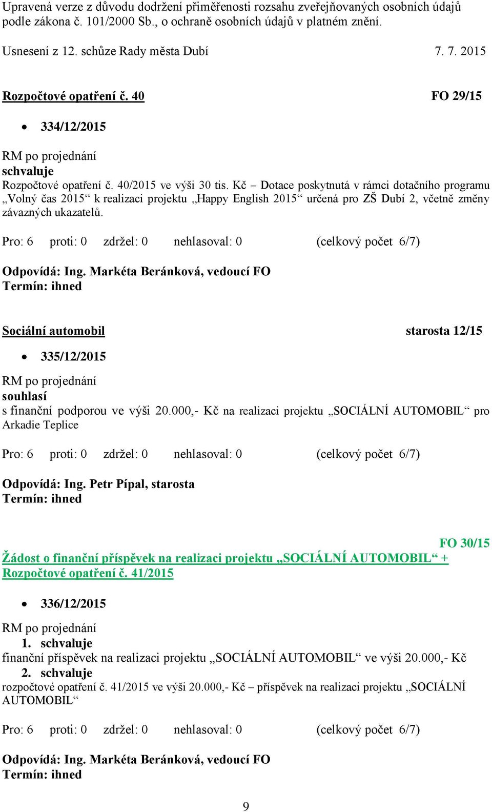 Markéta Beránková, vedoucí FO Sociální automobil starosta 12/15 335/12/2015 s finanční podporou ve výši 20.000,- Kč na realizaci projektu SOCIÁLNÍ AUTOMOBIL pro Arkadie Teplice Odpovídá: Ing.