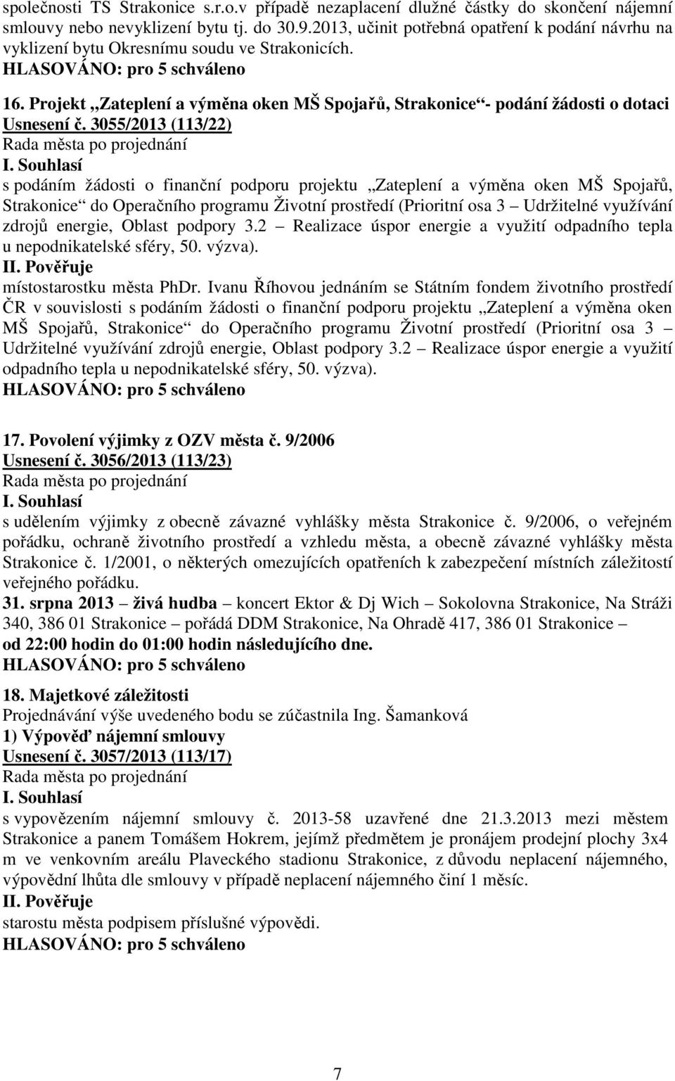 3055/2013 (113/22) s podáním žádosti o finanční podporu projektu Zateplení a výměna oken MŠ Spojařů, Strakonice do Operačního programu Životní prostředí (Prioritní osa 3 Udržitelné využívání zdrojů