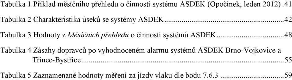 .. 42 Tabulka 3 Hodnoty z Měsíčních přehledů o činnosti systémů ASDEK.