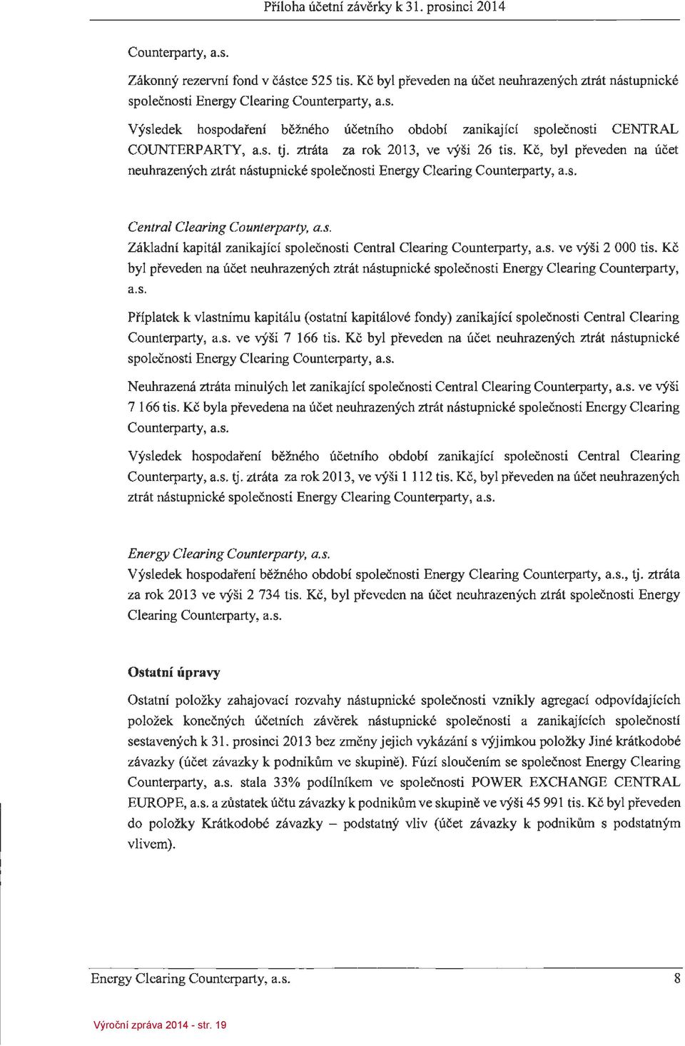 Kc, byl pfeveden na ucet neuhrazenych ztrat nastupnicke spolecnosti Energy Clearing Counterparty, a.s. Central Clearing Counterparty, a.s. Zakladni kapital zanikajici spoleenosti Central Clearing Counterparty, a.