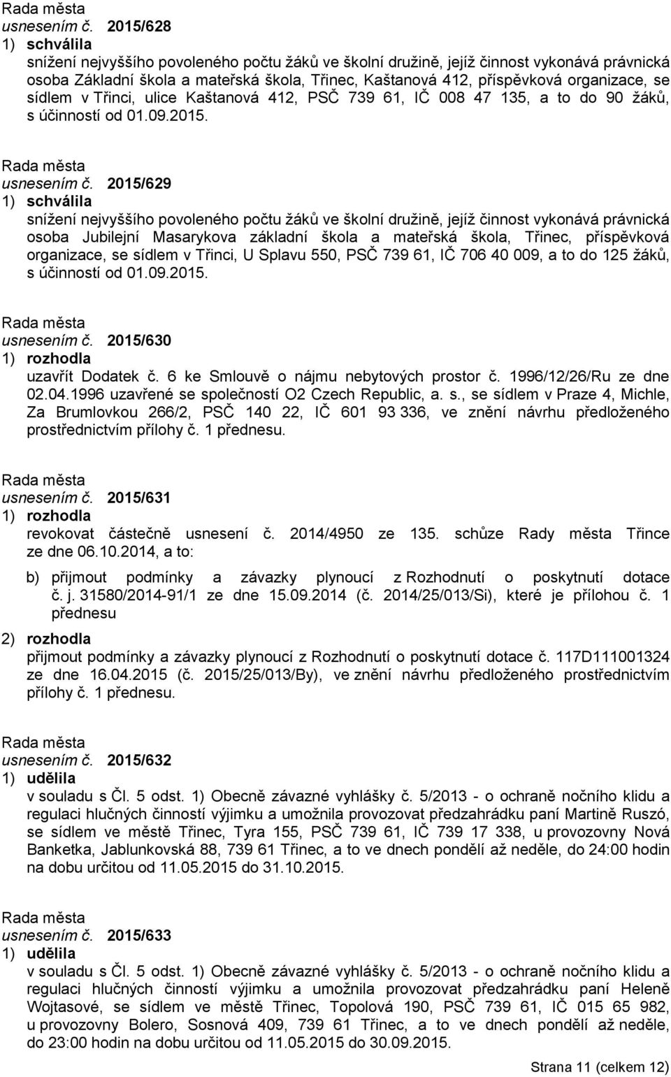 Třinci, ulice Kaštanová 412, PSČ 739 61, IČ 008 47 135, a to do 90 žáků, s účinností od 01.09.2015.