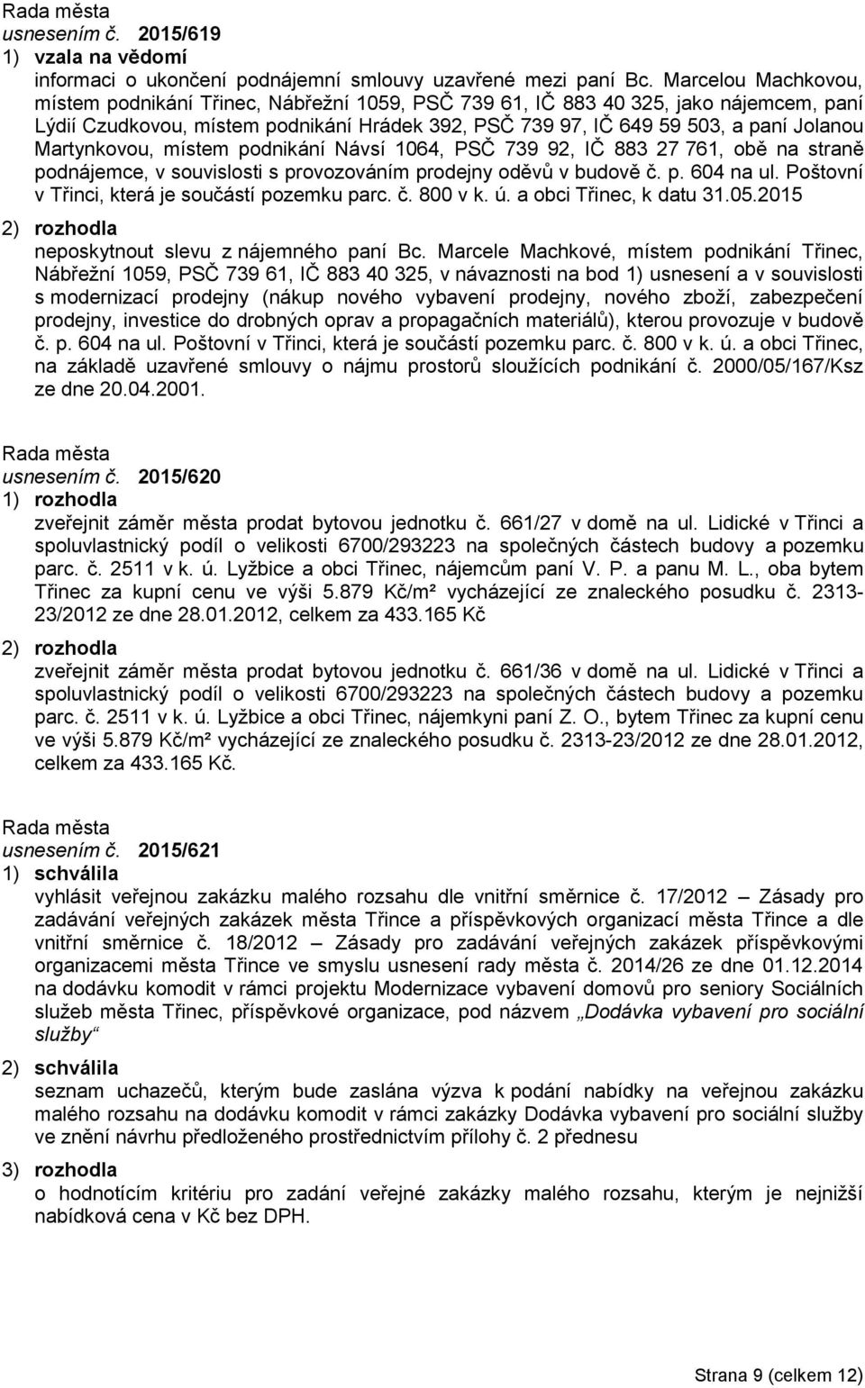 Martynkovou, místem podnikání Návsí 1064, PSČ 739 92, IČ 883 27 761, obě na straně podnájemce, v souvislosti s provozováním prodejny oděvů v budově č. p. 604 na ul.