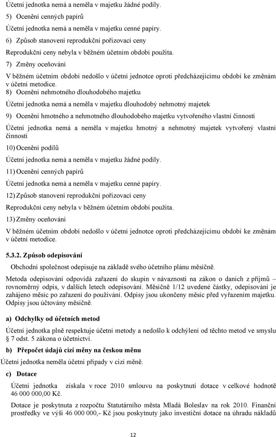 7) Změny oceňování V běžném účetním období nedošlo v účetní jednotce oproti předcházejícímu období ke změnám v účetní metodice.