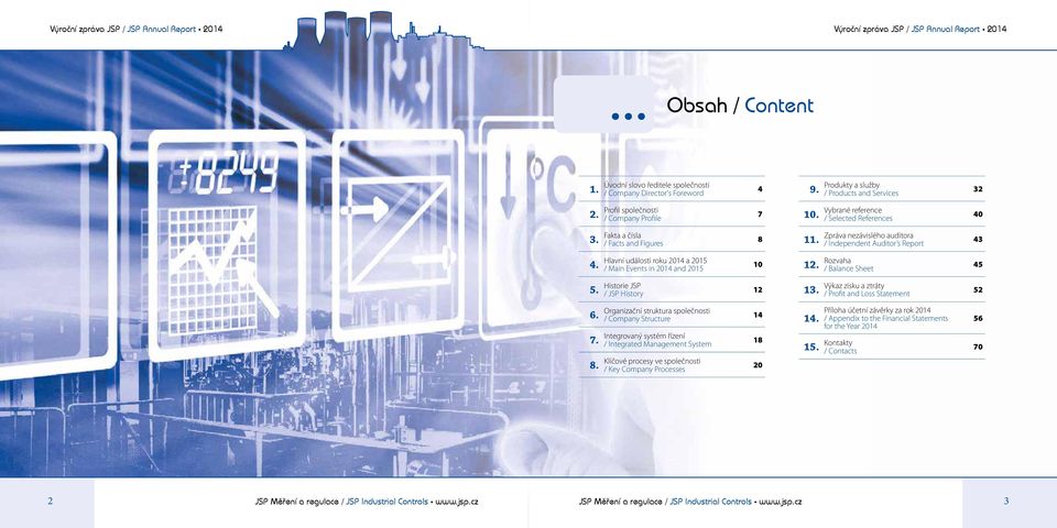Zpráva nezávislého auditora / Independent Auditor s Report 43 4. Hlavní události roku 2014 a 2015 / Main Events in 2014 and 2015 10 12. Rozvaha / Balance Sheet 45 5. Historie JSP / JSP History 12 13.
