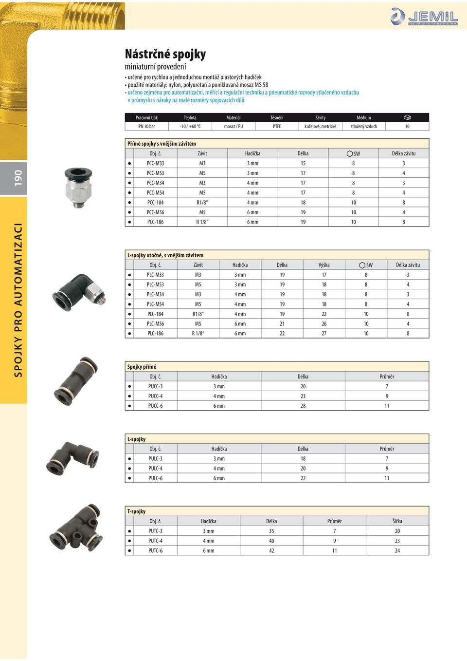 PU PTFE kuželové, metrické stlačený vzduch 10 190 SPOJKY PRO AUTOMATIZACI Přímé spojky s vnějším závitem Obj. č.