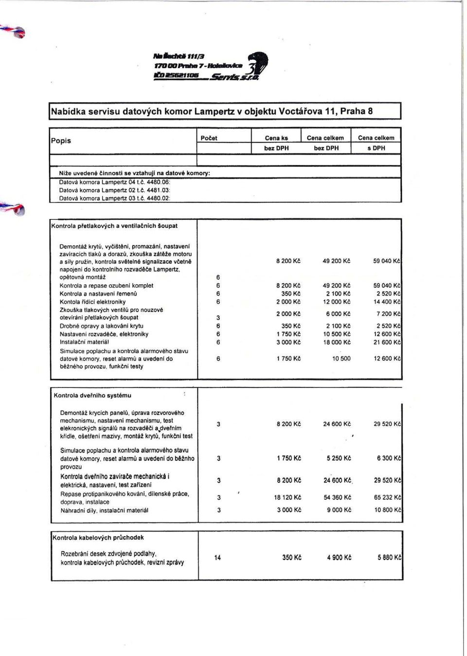 /3 t7oobaelw 7-llabitarb 1Nabidka servisu datovych komor Lampertz v objektu Voctarova 11, Praha 8 POpIS Poet Cana ks Cana celkem Dena celkem bez DPH bez DPH $ DPH Nile uvedene tinnostl se vztahuji na