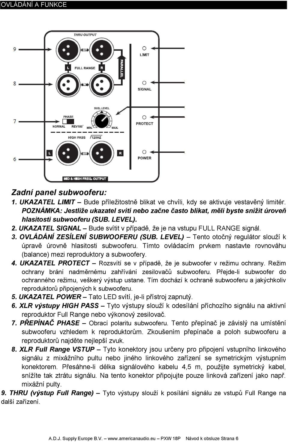 OVLÁDÁNÍ ZESÍLENÍ SUBWOOFERU (SUB. LEVEL) Tento otočný regulátor slouží k úpravě úrovně hlasitosti subwooferu. Tímto ovládacím prvkem nastavte rovnováhu (balance) mezi reproduktory a subwoofery. 4.