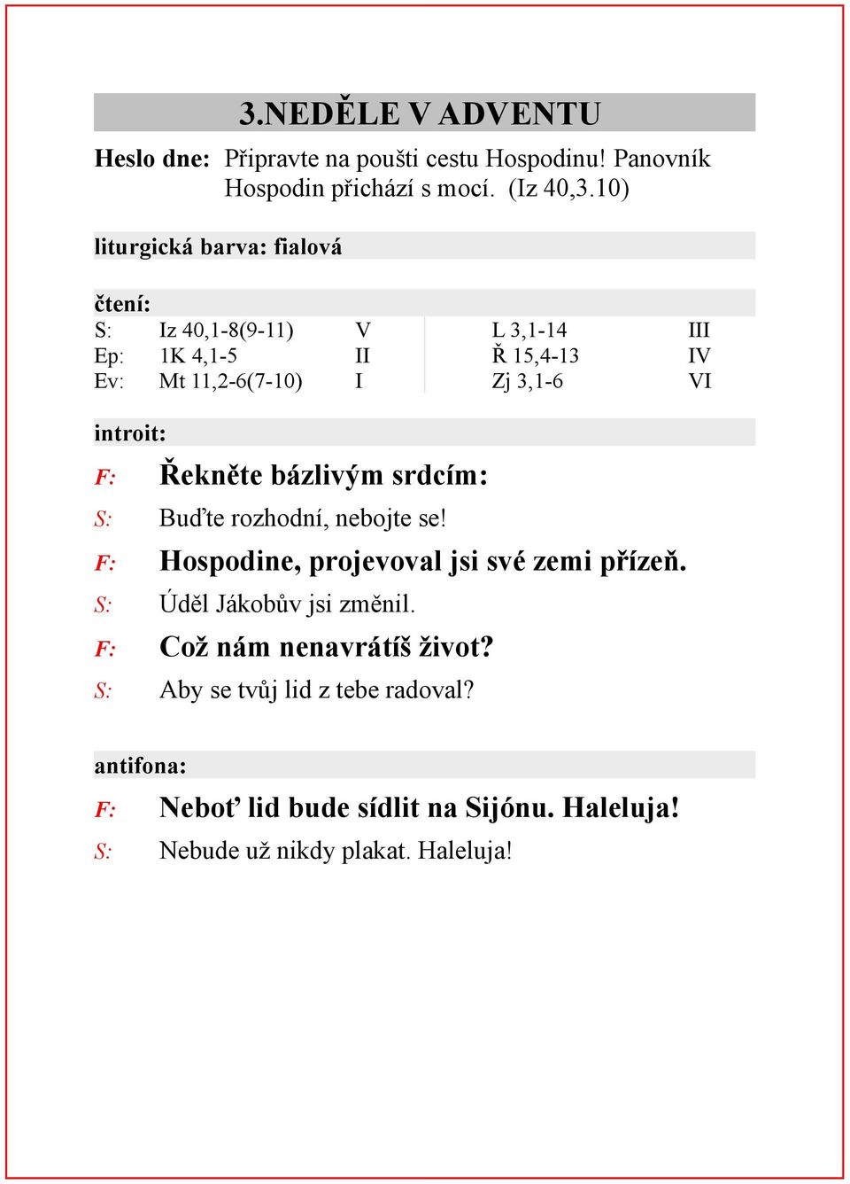 introit: F: Řekněte bázlivým srdcím: S: Buďte rozhodní, nebojte se! F: Hospodine, projevoval jsi své zemi přízeň.