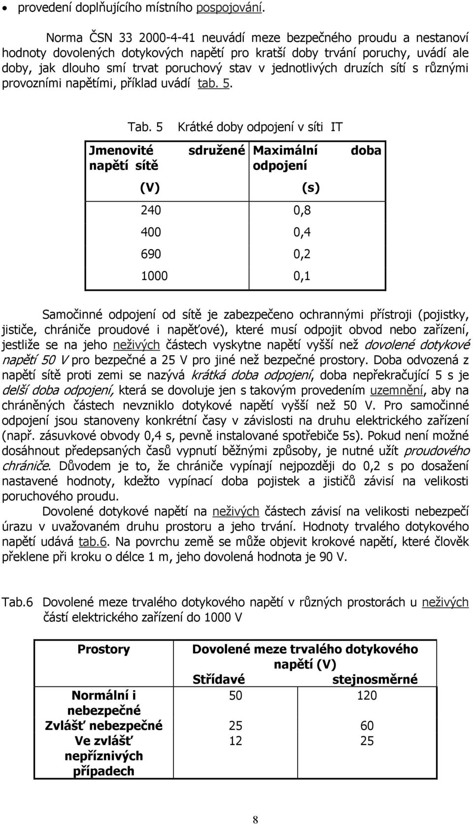 jednotlivých druzích sítí s různými provozními napětími, příklad uvádí tab. 5. Tab.