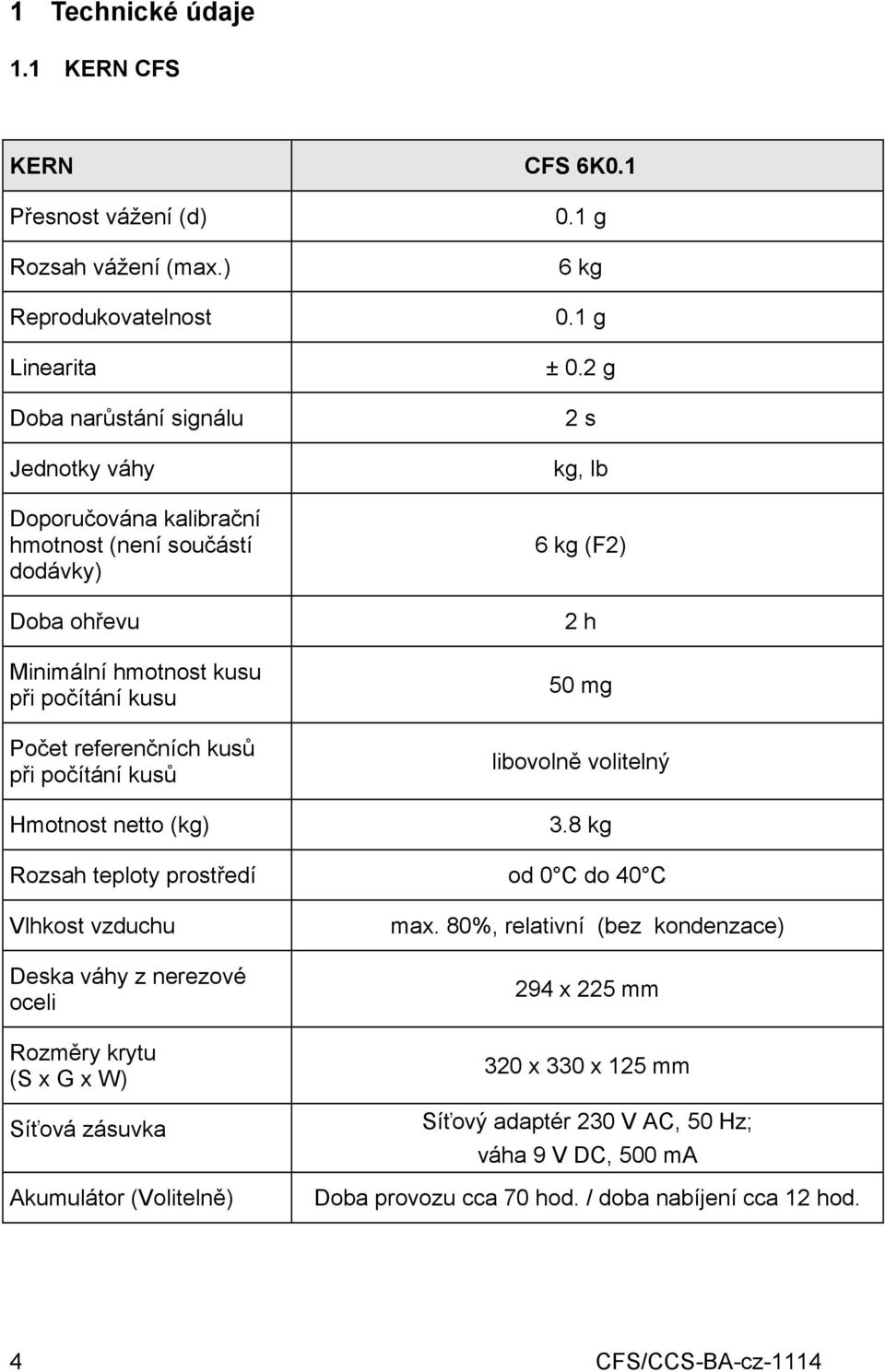 referenčních kusů při počítání kusů Hmotnost netto (kg) 0.1 g 6 kg 0.1 g ± 0.2 g 2 s kg, lb 6 kg (F2) 2 h 50 mg libovolně volitelný 3.