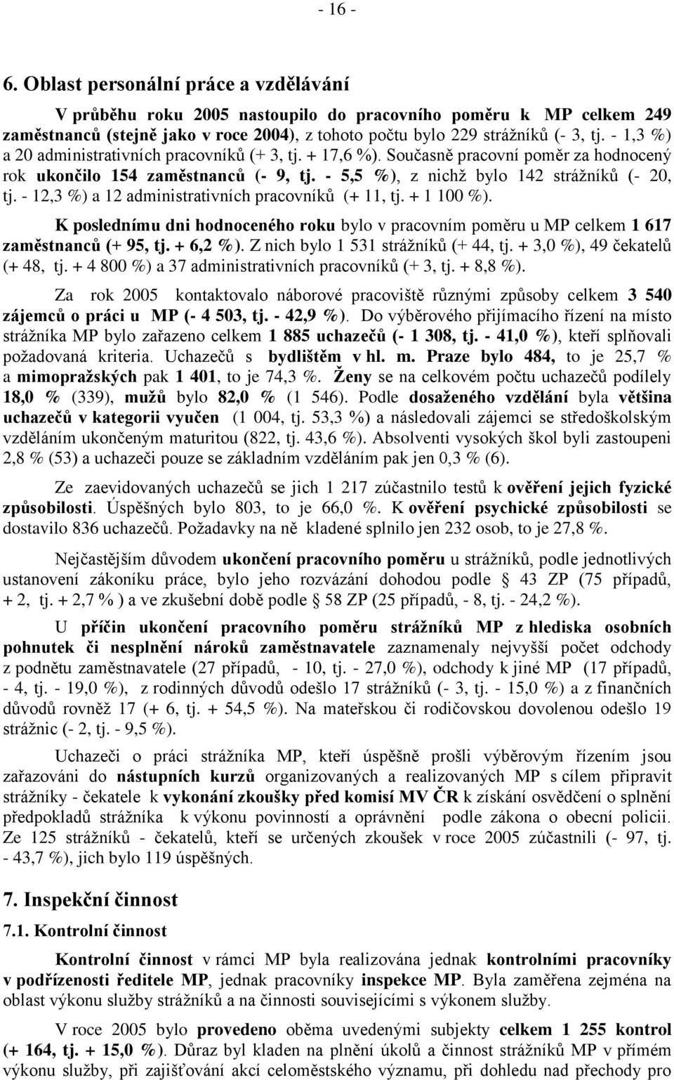 - 12,3 %) a 12 administrativních pracovníků (+ 11, tj. + 1 100 %). K poslednímu dni hodnoceného roku bylo v pracovním poměru u MP celkem 1 617 zaměstnanců (+ 95, tj. + 6,2 %).