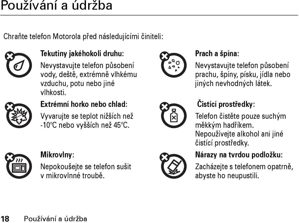 Extrémní horko nebo chlad: Čistící prostředky: Vyvarujte se teplot nižších než -10 C nebo vyšších než 45 C. Mikrovlny: Nepokoušejte se telefon sušit vmikrovlnné troubě.